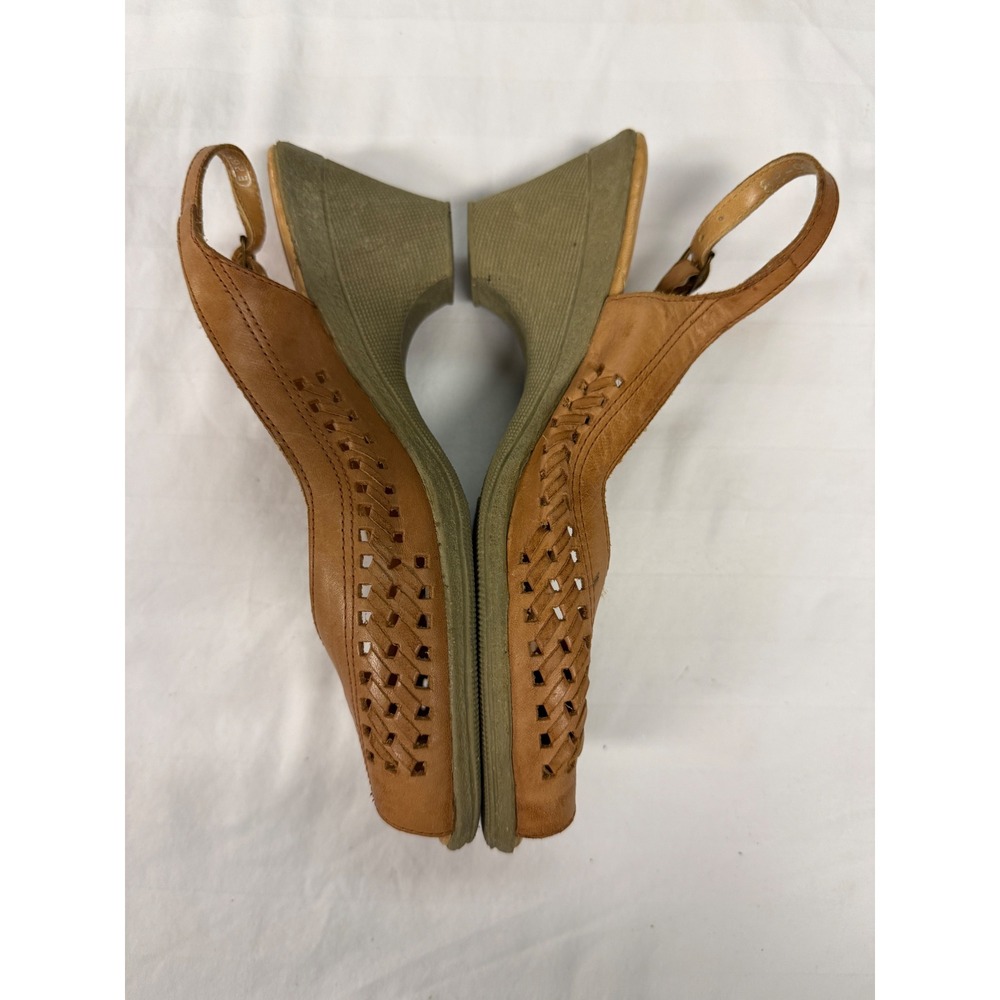 VTG Lorin Richards Vintage Tan Leather Woven Slingback Wedge Sandals Brazil 8M